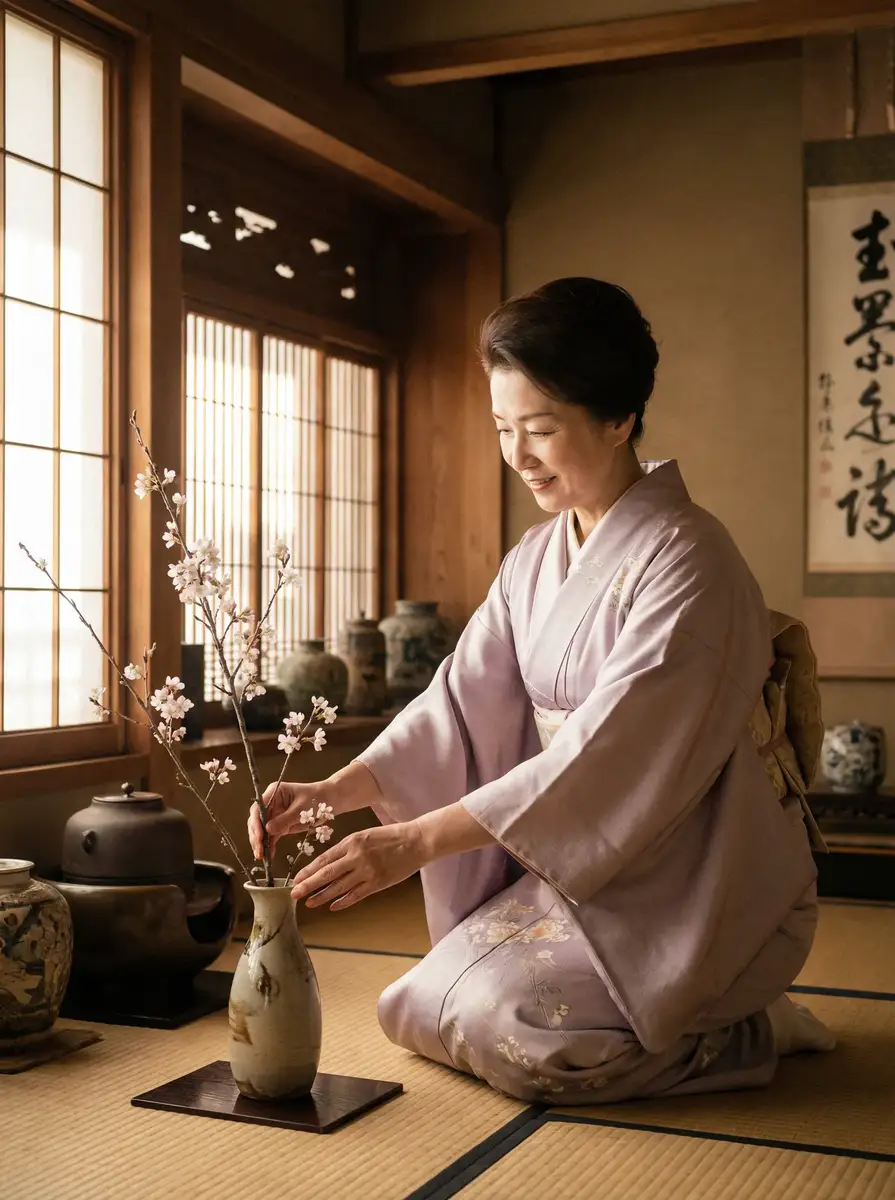 一位优雅的 www.job5678.com 在和室中插花
